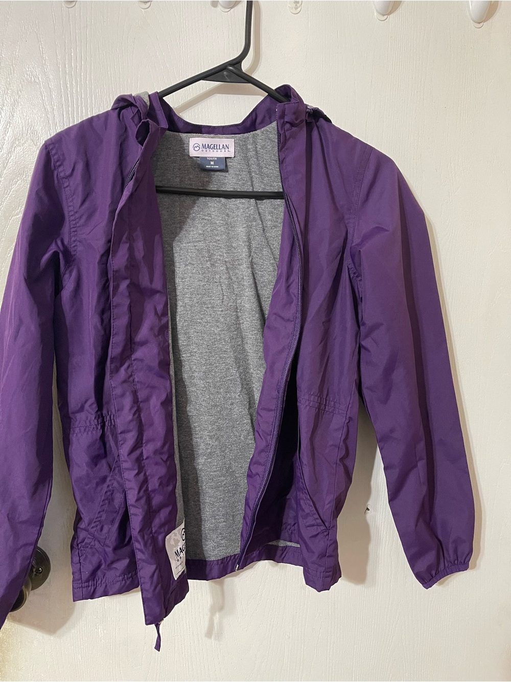 Magellan Outdoors Kids Purple Hooded Rain Jacket with Gray Lining